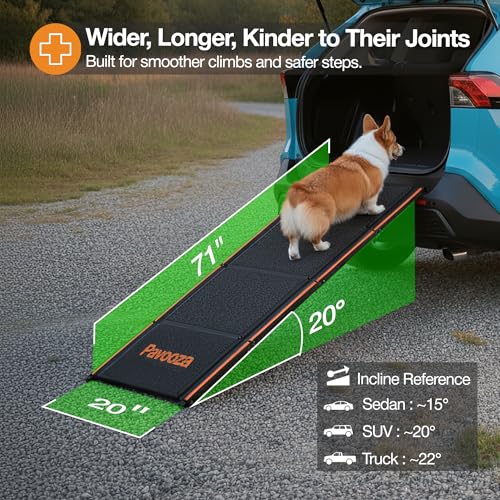 71"×20" Extra Wide Dog Ramp for Car, SUV & Truck – Folding Aluminum Pet Ramps for Large Dogs up to 250 lbs, Non-Slip Surface & Glow Edges, Foldable Portable Ramp for Side Door or Porch Steps