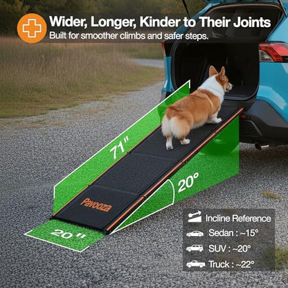 71"×20" Extra Wide Dog Ramp for Car, SUV & Truck – Folding Aluminum Pet Ramps for Large Dogs up to 250 lbs, Non-Slip Surface & Glow Edges, Foldable Portable Ramp for Side Door or Porch Steps