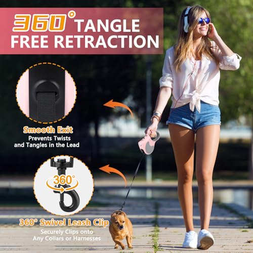 Retractable Dog Leash with Flashlight 16ft Walking Leash for Dogs up to 77lbs, 360° Tangle-Free Nylon Tape Anti-Slip Handle -Pink