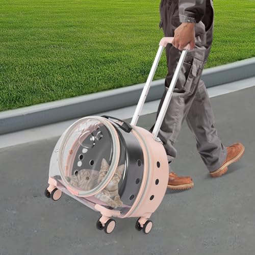 Cat Carrier with Wheels, Breathable Cat Rolling Carrier with Telescopic Handle, Bubble Cat Backpack Carrier, Pet Travel Bag for Small Dogs Pets, up to 19lbs, 15.7" x 10.6" x 17.7" (Pink) - color: Semi-Transparent Pink