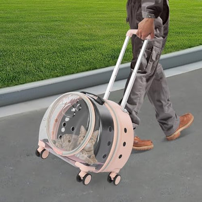 Cat Carrier with Wheels, Breathable Cat Rolling Carrier with Telescopic Handle, Bubble Cat Backpack Carrier, Pet Travel Bag for Small Dogs Pets, up to 19lbs, 15.7" x 10.6" x 17.7" (Pink) - color: Semi-Transparent Pink