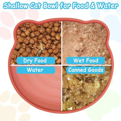 Silicone Cat Food Bowl Suction Cup Cat Dish 7" Shallow Cats Food & Water Bowls Set of 2 Non-Slip Kitty Plates Relief Whisker Fatigue Puppy Feeding Bowl for Dry & Wet Food (Blue) - color: Blue, size: L: 7 inches - with Suction Cup