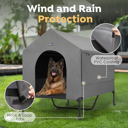 Veehoo 47" Dog House, 2-in-1 X-Large Dog House Outdoor Indoor Weatherproof, Outside Elevated Dog Cot Bed Dog Tent Shade, Three-Sided Breathable Mesh Windows and Sunshades, CWC2435CP