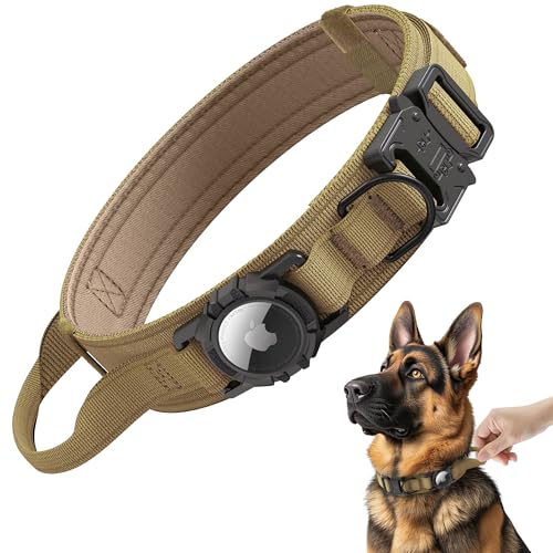 Tactical AirTag Dog Collar - Heavy Duty, Adjustable GPS Collar Compatible with Apple AirTag, with Holder & Control Handle for Medium/Large Dogs [ Brown, M ] - color: Brown, size: M(15"-18.5")