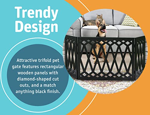 Etna 3-Panel Diamond Design Wood Pet Gate - Decorative Black Tri Fold Dog Fence for Doorways, Stairs - Indoor/Outdoor Pet Barrier - 24-48 Inches Wide x 19 Inches Tall