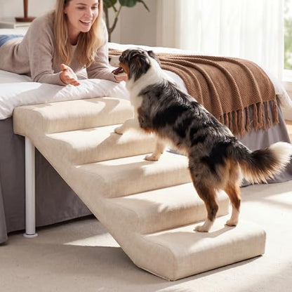 Adjustable Dog Stairs & Ramp for Cats and Dogs, 5-Step Pet Stairs for High Beds and Couch, 18.5"–23.6" Height, Linen Faux Leather, Waterproof, Scratch-Resistant, Non-Slip Indoor Pet Ramp