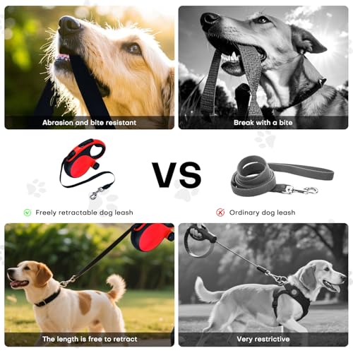 Retractable Dog Leash with Chew Proof Cable,26Ft Heavy Duty Dog Leash for Medium Large Dogs up to 110lbs,360°No Tangle,One-Handed Brake,Pause,Lock(Red) - color: Red, size: 26ft