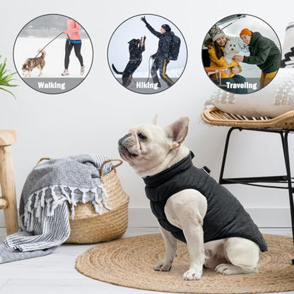 SCENEREAL Winter Dog Vest Coat with Harness Built In, Warm Puppy Jacket for Small Medium Dogs, Cold Weather Coat with Zipper, Fleece Puffer Vest Windproof Snow Clothes - color: #1 Black-Matte, size: XS(Chest 11.5")-Regular