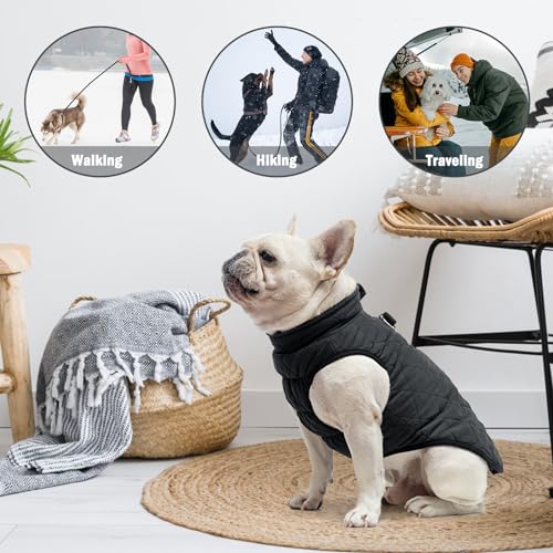 SCENEREAL Winter Dog Vest Coat with Harness Built In, Warm Puppy Jacket for Small Medium Dogs, Cold Weather Coat with Zipper, Fleece Puffer Vest Windproof Snow Clothes - color: #1 Black-Matte, size: L(Chest 19")-Regular