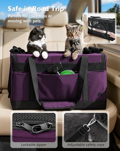 Pecute Dual Compartment Pet Carrier for Multi-Cat Families & Small Dog Owners, Collapsible Dog Crate with Reinforced Steel Frame, Car Safety Design for Travel, Vet Visits & Home Use, Purple - color: Purple