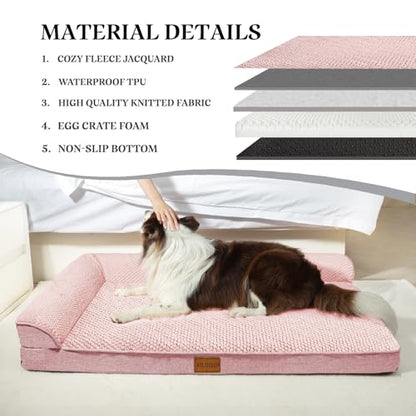 Orthopedic XL Dog Bed Large Sized Dog 48''X30'', Waterproof L Bolster Extra Large Egg Crate Foam Pet Crate Beds with Washable Removable Cover, Non-Slip Soft Pet Couch Mat, Pink - color: Pink, size: XXL:48x30x3.5 IN