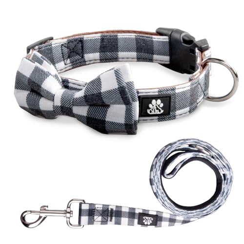 IVY&LANE Dog Collar with Bowtie and Leash Set | Plaid Adjustable Dog Collar | Detachable Bow Tie |5 FT Dog Leash | for Small Medium Large Dogs | Checkered Black | Small - color: Checkered Black, size: S
