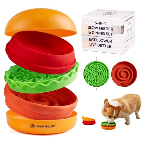 Slow Feeder Small Dog Bowl – 2 Patterns Reversible Lick Mat & 1 Spiral Slow Feeder - Hamburger Style | Non-Slip, Dishwasher Safe & Easy to Clean