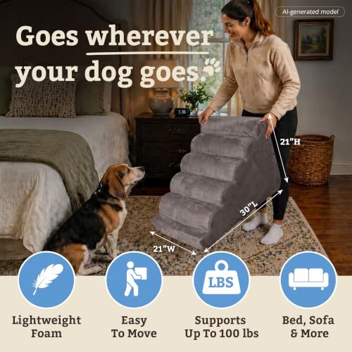Snoozer Scalloped Pet Stairs for Dogs - Large Foam 5 Step Pet Stairs with Removable, Washable Cover - Secure & Durable 21" H - Lightweight Pet Ramp with 100lbs Capacity - Anthracite