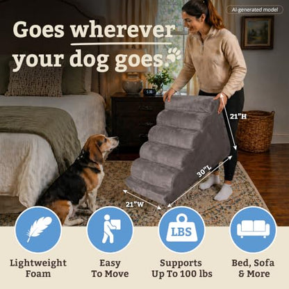 Snoozer Scalloped Pet Stairs for Dogs - Large Foam 5 Step Pet Stairs with Removable, Washable Cover - Secure & Durable 21" H - Lightweight Pet Ramp with 100lbs Capacity - Anthracite