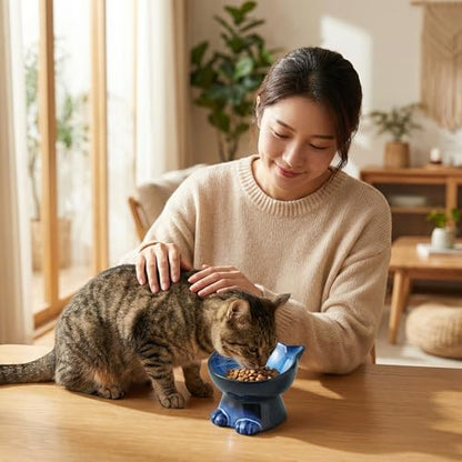Nihow Slanted Elevated Cat Bowls: 5 Inch Ceramic Raised Cat Food Bowl for Protecting Pet's Spine - Microwave & Dishwasher Safe -Elegant Blue & Black (4.5 OZ /1 PC) - color: Blue & Black, size: 4.5 OZ