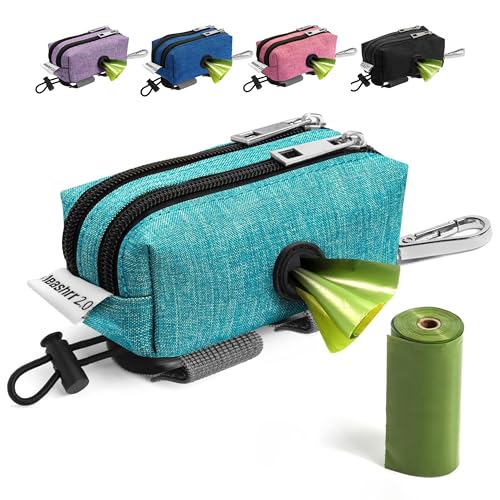 Dog Poop Bag Holder for Leashes - Dog Poop Bag Dispenser and Treat Holder with 2 Waterproof Pouches for Pet Waste Bags and Walking Accessories + 1 Free Roll - Leashrr 2.0 (Teal) - color: Teal