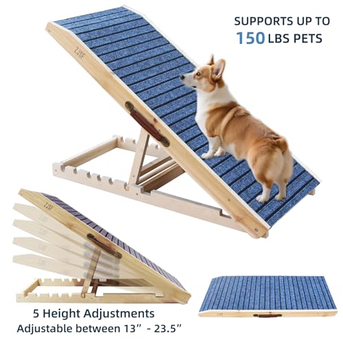 ZJSF Wooden Dog Ramp for High Bed & Couch, 40" L x 17" W Dog Stairs for Bed with 5 Adjustable Heights (13"-23.5"), Non-Slip Walking Surface, Portable Pet Ramp for Sofa, Car, Supports Up to 150 lbs - size: 40"L X 16.5"W