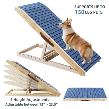 ZJSF Wooden Dog Ramp for High Bed & Couch, 40" L x 17" W Dog Stairs for Bed with 5 Adjustable Heights (13"-23.5"), Non-Slip Walking Surface, Portable Pet Ramp for Sofa, Car, Supports Up to 150 lbs - size: 40"L X 16.5"W