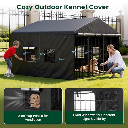 PawGiant Dog Kennel Cover Replacement, Full Coverage Waterproof Tarp for 10x10x6ft Dog Crate with 600D Oxford Fabric, 8 Transparent Window for Enclosure Outside, Large - size: Large