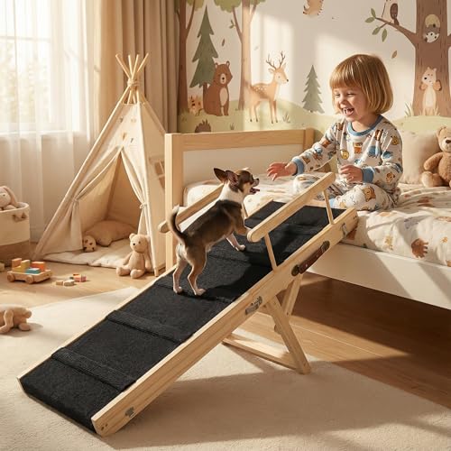 Wooden Dog Ramp for Bed – Folding Pet Ramp for Couch | Collapsible Wooden Pet Ramp, 4 Adjustable Heights, Non-Slip High Traction Fabric Surface, Portable Solid Pine Wood Steps - size: Medium