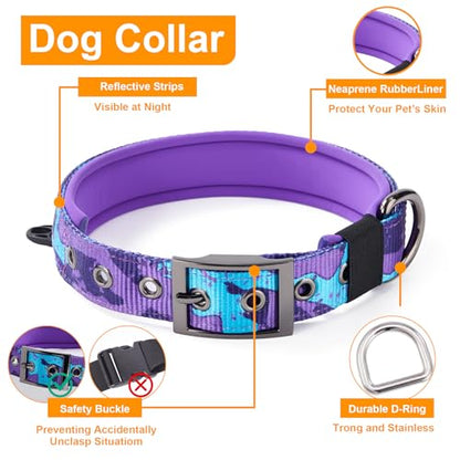 Annchwool No Pull Dog Harness,Heavy Duty Collar & Leash Set-Leash with Double Handle & Car Seatbelt Clip-Easy Control for Walking Training Medium Large Size Dogs(Camo Purple,S) - color: Camo Purple, size: S