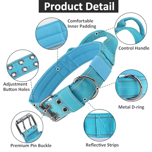 Tactical Dog Collar with Control Handle, Military Adjustable Pet Collar Reflective Heavy Metal Buckle Dog Collar, Soft Nylon Training Collar for Medium Large Dogs (Blue, Large) - color: Blue, size: Large