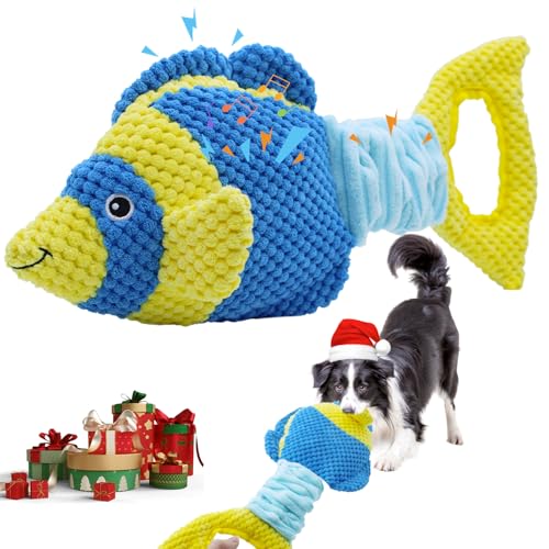 YZHDUXIU Fish Dog Squeak Toys, Elastic Band Tug of War Dog Toy with Crinkle | Plush fish with squeaker & crinkle fins; stretchy elastic band; soft PP cotton; gentle on teeth; for puppies medium adults - color: Blue Yellow Fish
