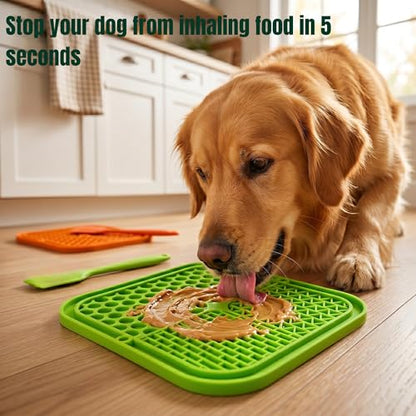 Dog Lick Mat 2-Pack (Orange & Green) with Spatulas – Silicone Licking Pads for Dogs & Cats, Peanut Butter Slow Feeder, Strong Suction, Anxiety Relief for Bath & Grooming, Dishwasher-Safe