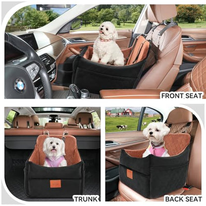 GL GLENSLAVE Dog Car Seat for Small/Medium Dogs, Dog Booster Car Seats with Thick Cushion for Dogs Under 35 lbs, Detachable Washable Pet Carseat with Storage Pockets, 2 Safety Belts(Black/Brown) - color: Black/Brown