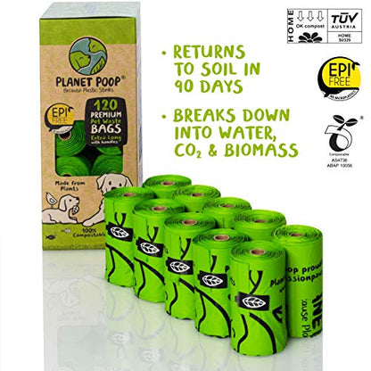 PLANET POOP Home Compostable Dog Poop Bags Extra-long with Handles 120 Un-Scented Pet Waste Bags Plastic Free, Thick Leakproof Plant-Based Doggy Bag, Cats & Dogs Pet Supplies - size: 120 Count (Pack of 1)