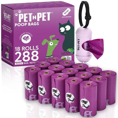 PET N PET Poop Bags for Dogs, 288 Count Lavender Scented Dog Waste Bags with Leash Dispenser, USDA Certified 38% Plant Based & 62% PE Dogs Waste Bag - size: 1 Count (Pack of 288)