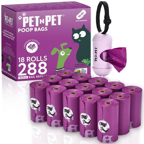PET N PET Poop Bags for Dogs, 288 Count Lavender Scented Dog Waste Bags with Leash Dispenser, USDA Certified 38% Plant Based & 62% PE Dogs Waste Bag - size: 1 Count (Pack of 288)