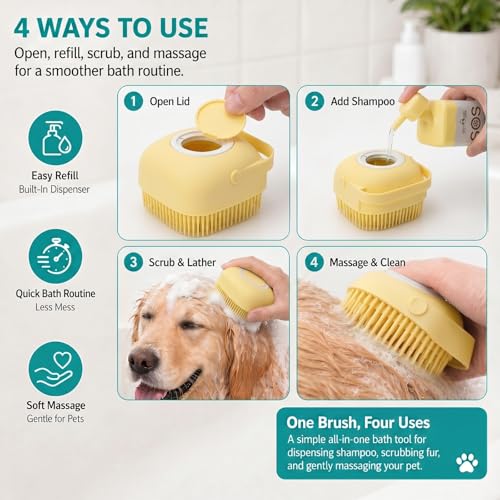Soft Silicone Pet Bath Massage Brush for Dogs & Cats, Gentle Grooming Cleaning Tool for Puppy Kitten Washing, yellow - color: Yellow