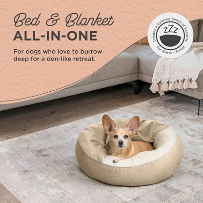 Best Friends by Sheri Cozy Cuddler Ilan Covered Cat and Dog Bed with Attached Blanket, Wheat, 24"x24" - color: Wheat Ilan