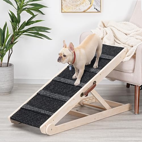 Dog Ramp for Bed - Foldable Small to Large Dog Ramp for Couch - 6 Adjustable Height from 12" to 24" - Stairs with High Traction Mat - Wooden Portable Ramp for Dogs to Get on Bed Couch Car Up to 200LBS - color: Burlywood(black)/Standard, size: 40"L x 15.7"
