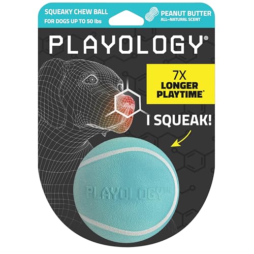 Playology Dog Toys | Squeaky Chew Ball for Dogs | Peanut Butter Scented Medium Dog Ball | Bouncy Floating Chew Toys for Fetch - size: Medium, style: Peanut Butter