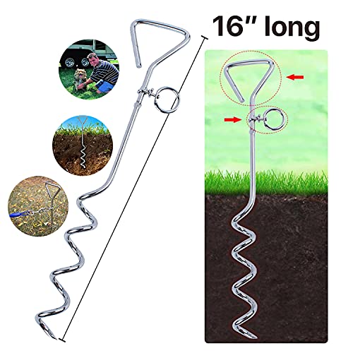 Katzco Dog Tie-Out Stake - Heavy Duty 16" Dog Stakes for Outside, Yard and Camping, Corkscrew Arrowhead Design with Tangle-Free 360 Swivel Hook - Water Resistant Pet Restraint Tool up to 80 lb Dogs - size: Metal Dog Tie-Out Stake (1-Pack)