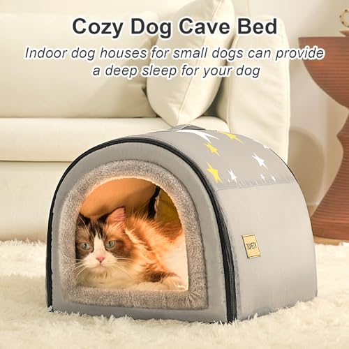 Jiupety Indoor Dog House, 2 in 1 Portable Foldable House Bed with Cover, Pet Tent & Cave Bed for Cats and Small Dogs, M(17"×14"×13"), Up to 9 Lb, Grey - style: M