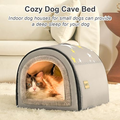 Jiupety Indoor Dog House, 2 in 1 Portable Foldable House Bed with Cover, Pet Tent & Cave Bed for Cats and Small Dogs, M(17"×14"×13"), Up to 9 Lb, Grey - style: M