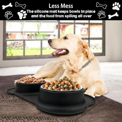 AsFrost Dog Food Bowls Stainless Steel Dog Bowls, Dog Food and Water Bowl Set with No Spill Non-Skid Silicone Mat, Dog Dishes for Small Medium Large Sized Dogs Pet Cat Food Bowls, 6 Cup, Black - color: Black, size: 6 Cup/50 oz each
