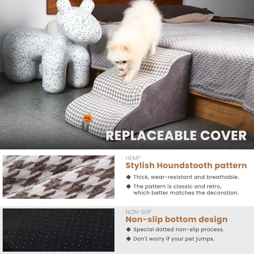 Laifug Curved Dog Stairs for Small Dogs, 3-Step Pet Stairs for High Beds and Couch, Non-Slip Balanced Dog Indoor Step with High Density Foam, Houndstooth Double Layer Dog Staircase