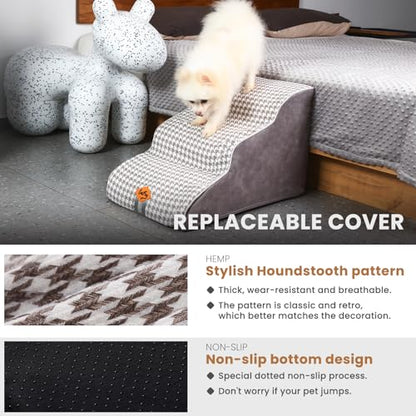Laifug Curved Dog Stairs for Small Dogs, 3-Step Pet Stairs for High Beds and Couch, Non-Slip Balanced Dog Indoor Step with High Density Foam, Houndstooth Double Layer Dog Staircase