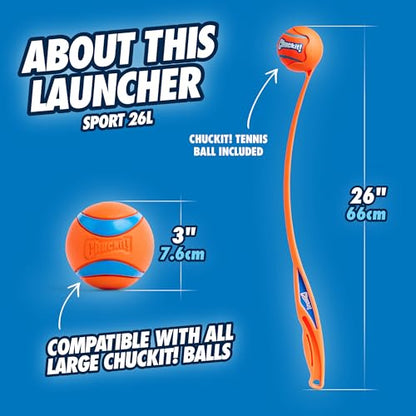 Chuckit! Sport 26L Dog Ball Launcher - Includes a 3-inch Diameter Large Ball for Dogs 60-100 Pounds - Manual Thrower for Dog Balls With a Slim Ergonomic Handle - 26-inch Length - size: Large, style: Sport
