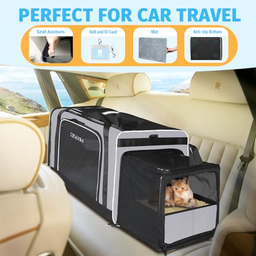 Petskd Side Expandable Extra Large Cat Carrier with Litter Box Area, 24"x17"x17" Soft-Sided Pet Carrier for 2 Cats Under 55 lbs with Zipper Locks for Car Travel(Grey) - color: Grey