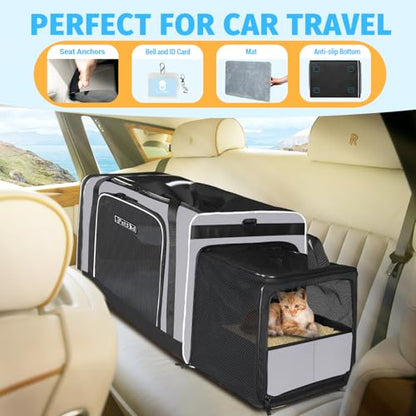 Petskd Side Expandable Extra Large Cat Carrier with Litter Box Area, 24"x17"x17" Soft-Sided Pet Carrier for 2 Cats Under 55 lbs with Zipper Locks for Car Travel(Grey) - color: Grey