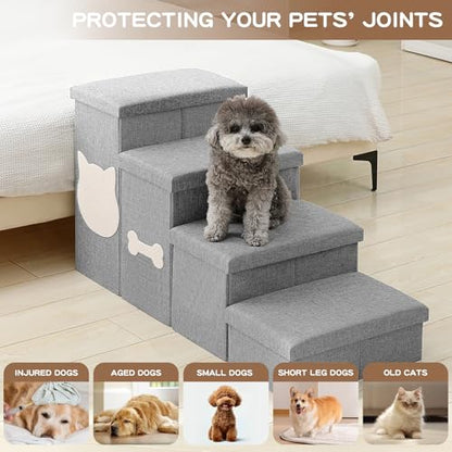 4-Step Wider Dog Steps for Bed 22" H, Foldable Dog Stairs with Storage, Non-Slip Pet Steps for Small Medium Large Dogs, Arthritis-Friendly Pet Stairs for Couch and Car Up to 200 lbs, Grey - size: 4-Step