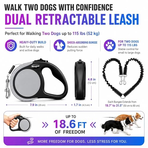 Double Retractable Dog Leash for Two Dogs Up to 50 lbs - 16 ft Coupler Leashes for Small Medium Dogs - One Locked System, Non Slip Grip, Tangle Free (Grey) - color: GREY