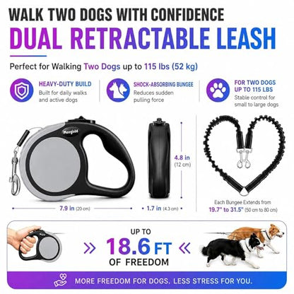 Double Retractable Dog Leash for Two Dogs Up to 50 lbs - 16 ft Coupler Leashes for Small Medium Dogs - One Locked System, Non Slip Grip, Tangle Free (Grey) - color: GREY