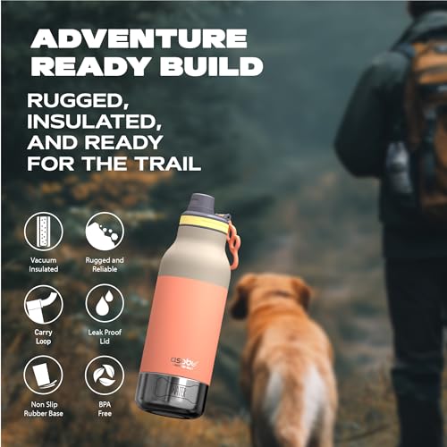 asobu Buddy Bottle a 스테인리스 스틸 단열 물병, 탈착식 개 물병 및 개 사료 및 간식 보관 그릇 포함 (파스텔 피치, 963.9g(34온스) - color: 파스텔 피치